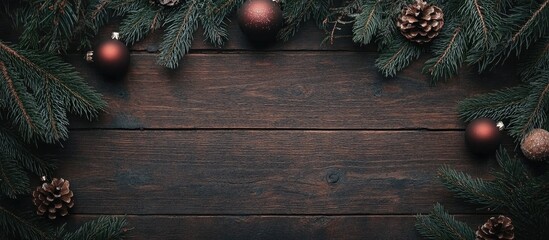 Aufkleber - Rustic wooden backdrop adorned with fir tree branches and Christmas ornaments creating a cozy holiday atmosphere with ample copy space