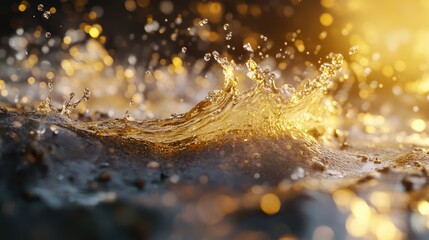 Poster - Golden Water Splash with Background Bokeh Effect in Dynamic Motion and Warm Light Highlights