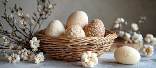Aufkleber - Elegant arrangement of wax painted Easter eggs in a wicker basket adorned with flowers and delicate ornaments on a tabletop setting.