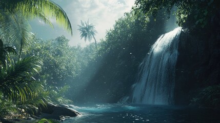Poster - Serene winter waterfall cascading through lush rainforest with tropical vegetation and soft sunlight filtering through the trees