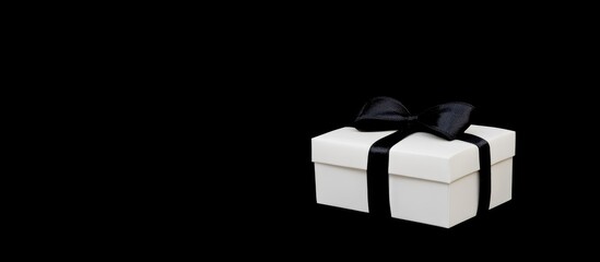 Poster - Elegant white gift box with a black bow isolated on a black background perfect for holiday promotions or special occasion messages