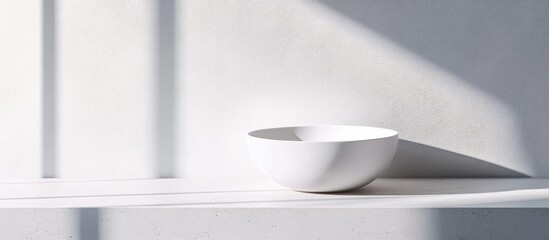 Poster - Minimalist white ceramic bowl elegantly placed on a bright countertop in a serene modern washroom setting.