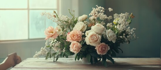 Aufkleber - Delicate floral arrangement on a rustic table creating a warm vintage ambiance in soft natural light