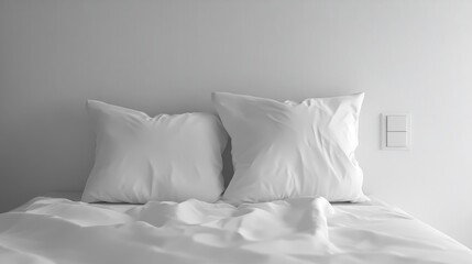 Aufkleber - Minimalist bedroom with white pillows on a pristine white bed and a light switch nearby creating a serene atmosphere for relaxation