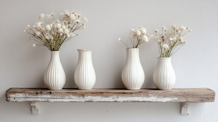 Poster - Elegant white vases with dried flowers arranged on a rustic vintage wooden shelf showcasing minimalist decor aesthetics