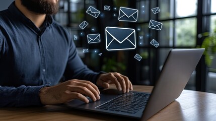 Poster - Man's hands actively typing on a laptop while a blue envelope icon illustrates email marketing in a contemporary workspace setting