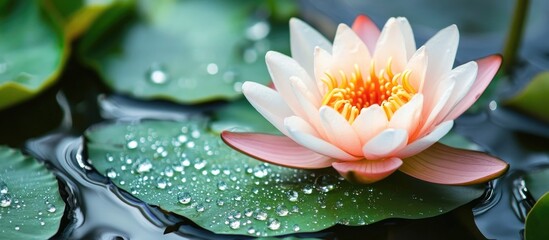 Aufkleber - Water droplets glistening on a vibrant green lotus leaf beside a blooming lotus flower in a serene pond setting