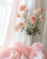 Poster - Romantic bouquet of soft pink roses in a vase with elegant fabric and natural light