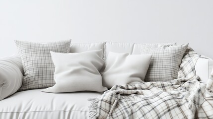 Poster - Cozy Scandinavian style white sofa adorned with pillows and plaid blanket on a minimalist background showcasing modern interior design