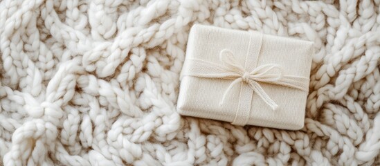 Aufkleber - White gift box wrapped in natural twine on a cozy wool background creating a warm and inviting holiday atmosphere