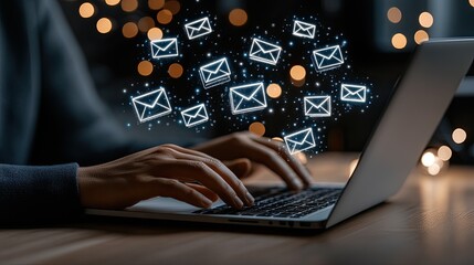 Poster - Man's hands actively typing on a laptop while a blue envelope icon illustrates email marketing in a contemporary workspace setting