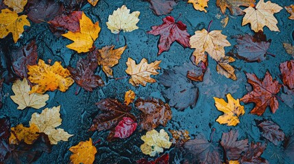 Poster - colorful autumn leaves on wet ground with raindrops creating a serene and reflective natural landscape scene