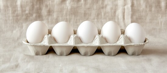 Poster - White Chicken Eggs Nestled in a Ceramic Carton Holder on Soft Linen Background Ideal for Culinary or Farm Fresh Themes