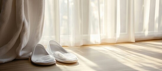 Aufkleber - White slippers and bathrobe beside a window with soft sunlight highlighting a serene relaxing atmosphere in a cozy vacation setting