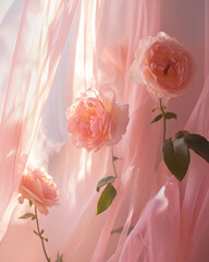Poster - Pink roses in soft light with flowing fabric for romantic interior decor