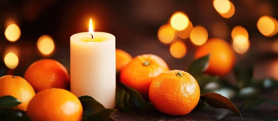 Poster - Candlelit scene with white candle and tangerines creating a warm ambiance against a soft dark blurred background inviting cozy moments
