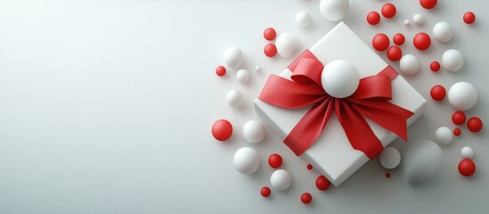 Poster - Elegant white gift box adorned with a vibrant red ribbon surrounded by colorful foam beads on a minimalist white background