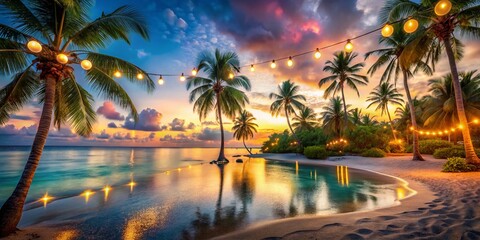 Wall Mural - Serene Beach Escape: Panoramic View of Tranquil Shore Under Soft Blue Sky with Bokeh Lights