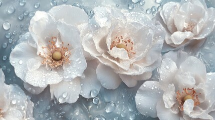 Poster - Delicate white flowers adorned with water droplets on a soft blue background creating a serene and fresh aesthetic.