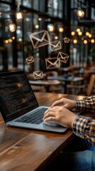 Poster - Man's hands actively typing on a laptop while a blue envelope icon illustrates email marketing in a contemporary workspace setting