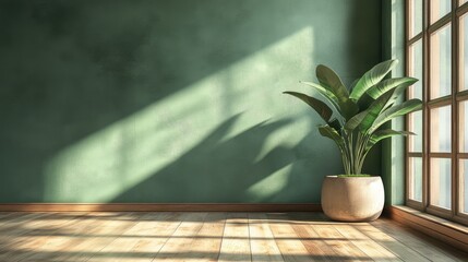 Fototapete - Vintage Wooden Interior Featuring a Green Wall and Lively Plant in a Sunlit Empty Room Decor Setting