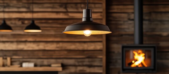 Poster - Rustic office ambiance with vintage light fixture glowing warmly near a cozy fireplace in a wooden setting.