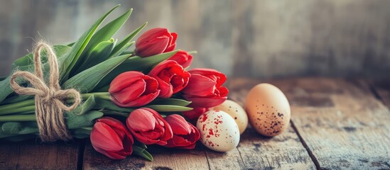 Poster - Festive vintage bouquet of fresh red tulips and decorative eggs tied with string on rustic wooden boards for spring celebrations