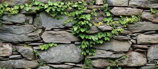 Poster - Weathered stone wall with creeping vines illustrating rustic charm and historical architectural beauty in a natural setting