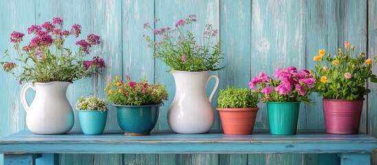 Poster - Ceramic jugs and colorful flower pots on a vintage blue table creating a charming home decor or cafe ambiance scene