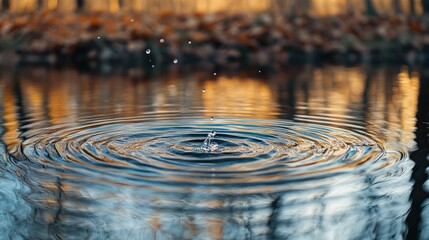 Poster - Ripples in a tranquil pond with vibrant colors reflecting from nature's beauty and a drop creating concentric circles in the water surface