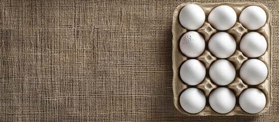 Poster - White chicken eggs in a ceramic carton on burlap surface overhead view with space for text for culinary or organic food advertisements