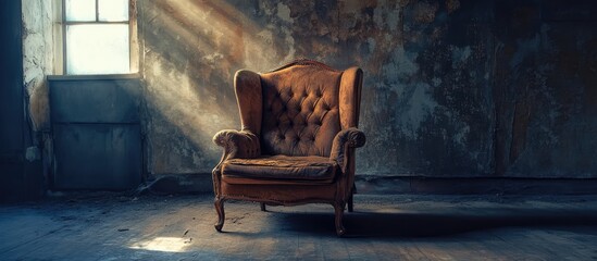 Poster - Weathered armchair bathed in dramatic lighting enhancing a moody atmosphere in a dimly lit, rustic setting.