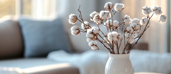 Poster - Cozy living room decor featuring a white vase filled with dry cotton branches on a stylish coffee table for a warm atmosphere