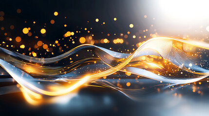 Fototapete - Dynamic light waves and golden particles abstract studio digital art dark background close-up energy and movement