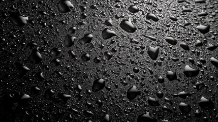 Poster - Black surface with water droplets creating a striking texture suitable for backgrounds and design elements in various creative projects.