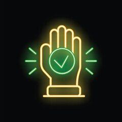Poster - Neon sign of a hand holding a green checkmark symbol, representing validation, approval or success