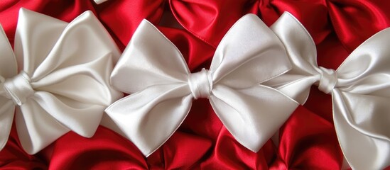 Aufkleber - Elegant white bows with silver ribbon adorn a vibrant red gift wrap creating a festive and luxurious holiday presentation.
