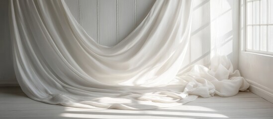 Fototapete - Elegant white fabric draped on a wall creating a cozy interior atmosphere with soft sunlight streaming through nearby windows
