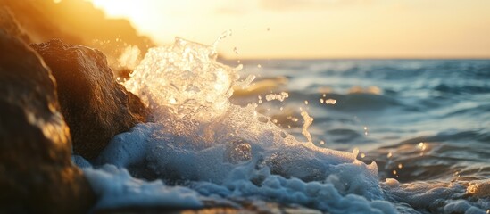 Aufkleber - Waves crashing against rocky shore at sunset creating a peaceful coastal scene with glistening water and warm golden light