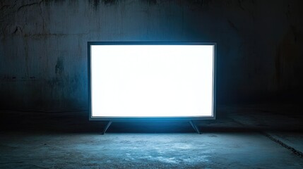 Fototapete - Illuminated blank white television screen in a dark, abstract setting showcasing minimalist design and vibrant lighting.