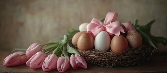 Poster - Easter eggs with pink bows in a nest on a wooden surface surrounded by tulip flowers creating a festive spring atmosphere.