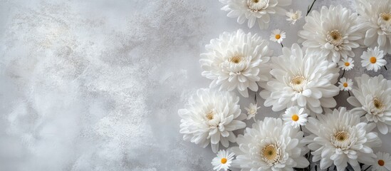 Aufkleber - Elegant white chrysanthemums and delicate daisies on a soft gray background for a serene greeting card design