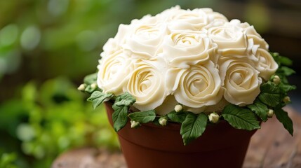 Fototapete - White rose cake in decorative pot surrounded by lush greenery creating an elegant and charming floral dessert presentation.
