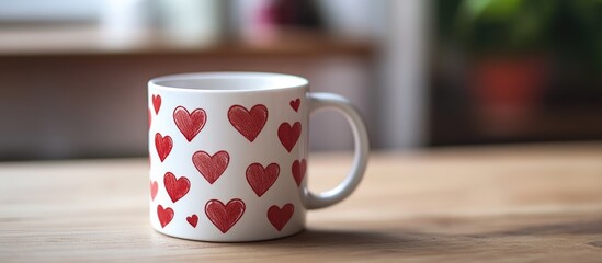 Poster - White coffee mug adorned with red heart patterns placed on a wooden table in a cozy, natural setting