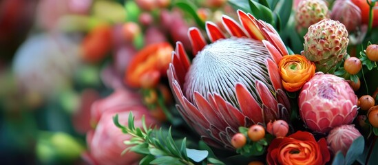 Poster - Bridal bouquet close up showcasing vibrant roses, protea, and decorative foliage for elegant wedding floral arrangements.