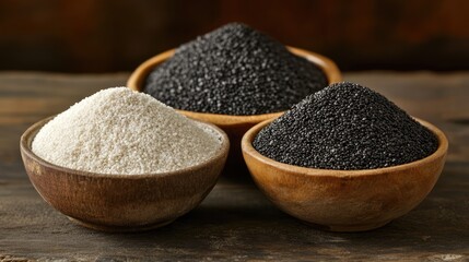 Aufkleber - White and black poppy seeds in wooden bowls showcasing a variety of seeds against a rustic background for culinary or health concepts