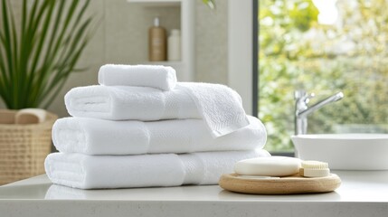 Leinwandbilder - Cotton towels elegantly arranged on a bathroom counter showcasing a bright and inviting atmosphere ideal for product display.