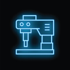 Poster - Blue glowing neon line industrial drilling machine on black background