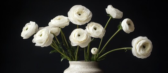 Aufkleber - Elegant white ranunculus flowers in ceramic vase beautifully contrasting against dark background for floral decoration or design projects