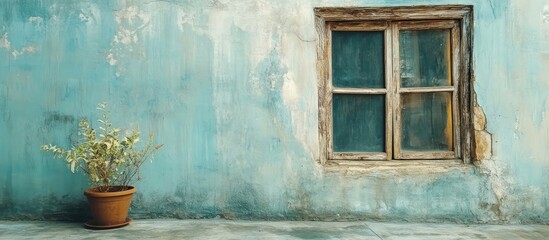 Poster - Rustic vintage wooden window frame against a weathered blue wall with a potted plant showcasing charming old-world character and texture